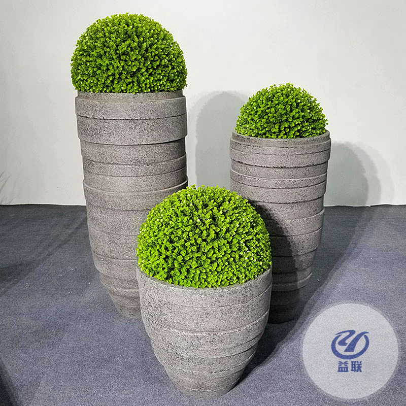 玻璃钢花器商场石头圆形花盆花槽绿植芦苇盆景装饰品花箱大型摆件